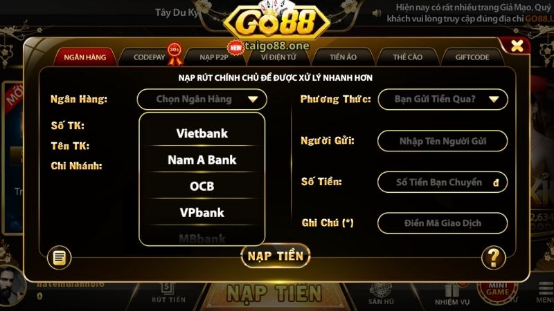 Chi tiết cách nạp tiền và rút tiền GO88