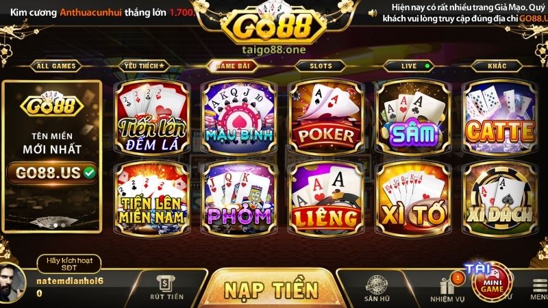 Những trò chơi game bài Go88 cung cấp