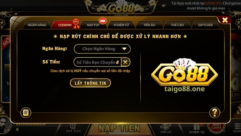 Phương pháp nạp tiền và rút tiền GO88